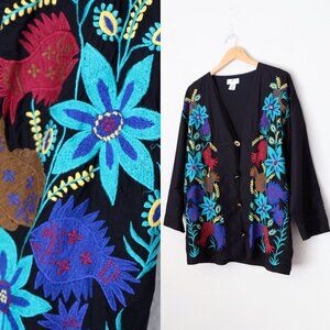 Vintage The Daily Planet Embroidered Jacket Floral Fish Metal Coin Button Size L